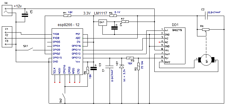 Принципиальная схема вентиляционной заслонки с модулем WiFi (esp8266)